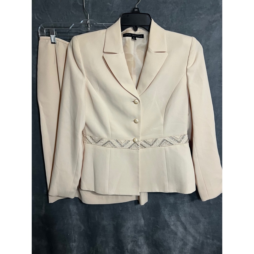 Nipon Boutique Cream Beaded Skirt Suit 8 Blazer Pencil Skirt Two Piece Read